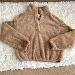 Women’s H & M Fuzzy Faux Shearling Snap Pullover, Tan/Light Brown, Small